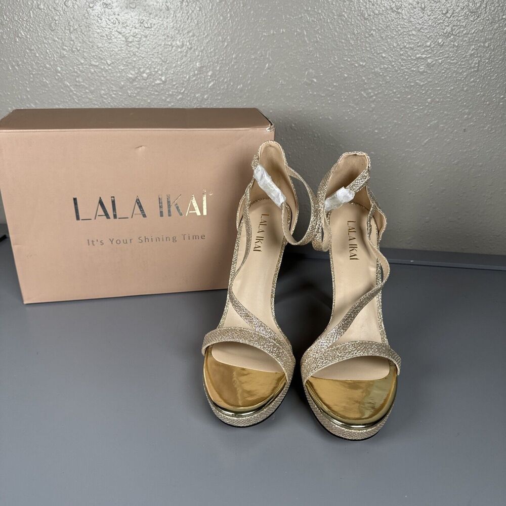 New Strappy Glitter Platform Ankle Strap High Heel Sandals Sparkly Gold Size 8.5